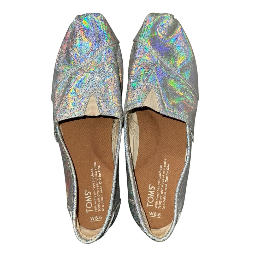 TOMS Holographic Slip On Shoes Silver Rainbow Womens 8.5 Vegan